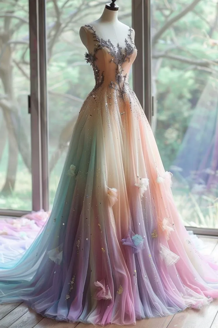 Colorful Vintage Sweetheart Neck Beaded Tulle Long Ball Gown, Sequined Appliqu��| Evening Gown HZ1108