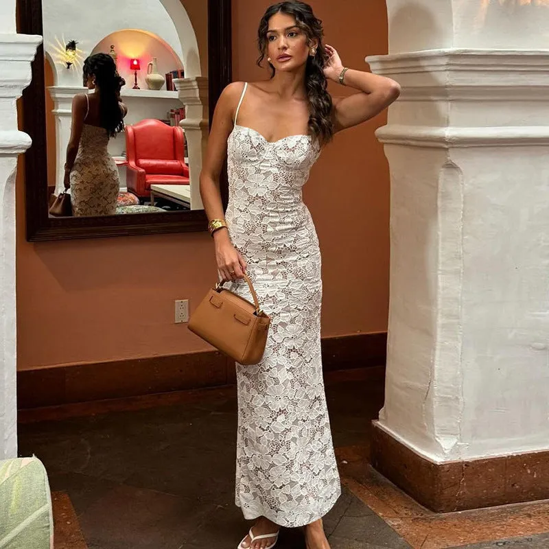 White Sweetheart Mermaid Lace Spaghetti Strap Long Prom Dress, Party Dress HZ1108