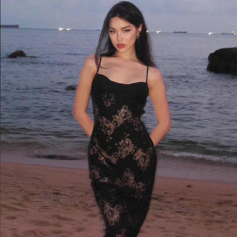 Black Mermaid Spaghetti Strap Long Prom Dress See-through Evening Dress With Slit HZ1108