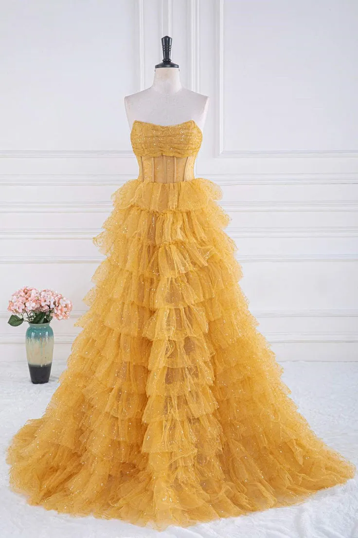Gold A-line Strapless Tulle Sequined Long Prom Dress, Gold Sweet 16 Dress HZ1108
