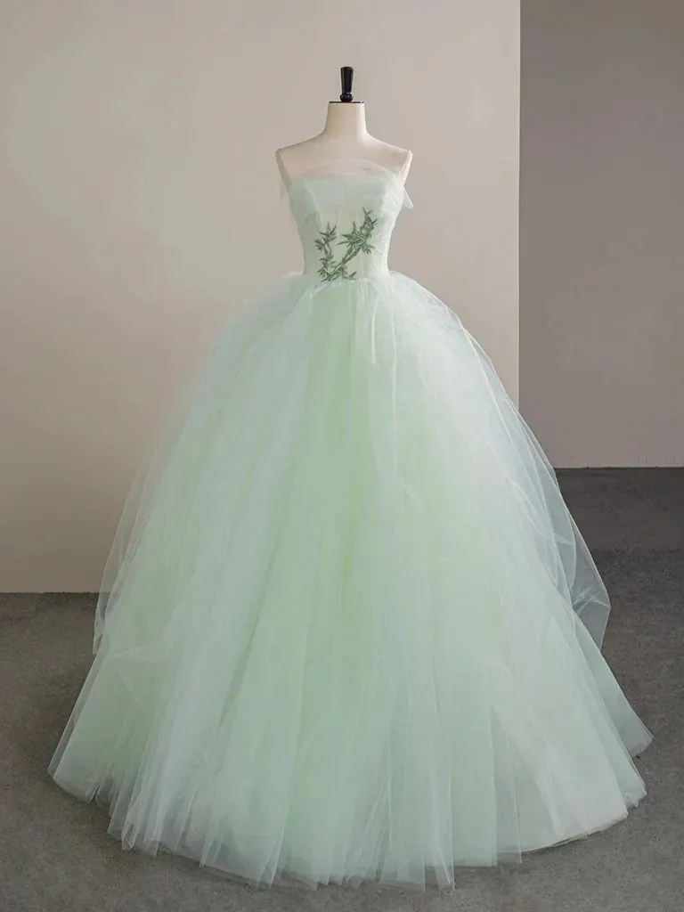 A-Line Tulle Lace Strapless Long Prom Dress, Tulle Green Long Formal Dress HZ1108