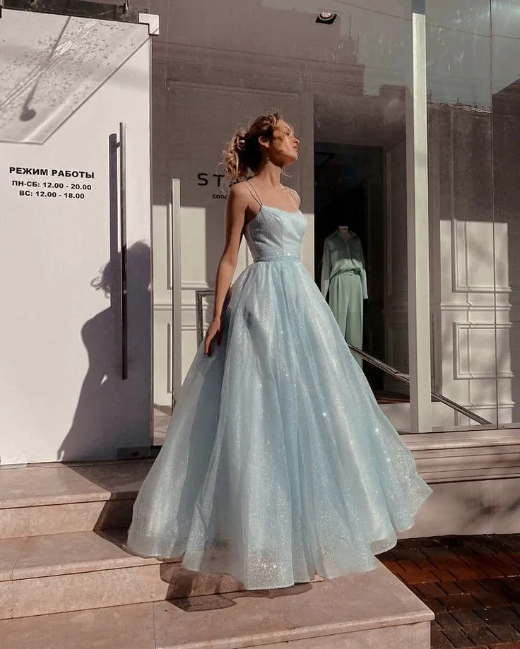 Sky blue A-line spaghetti strap tulle simple long prom dress HZ1108