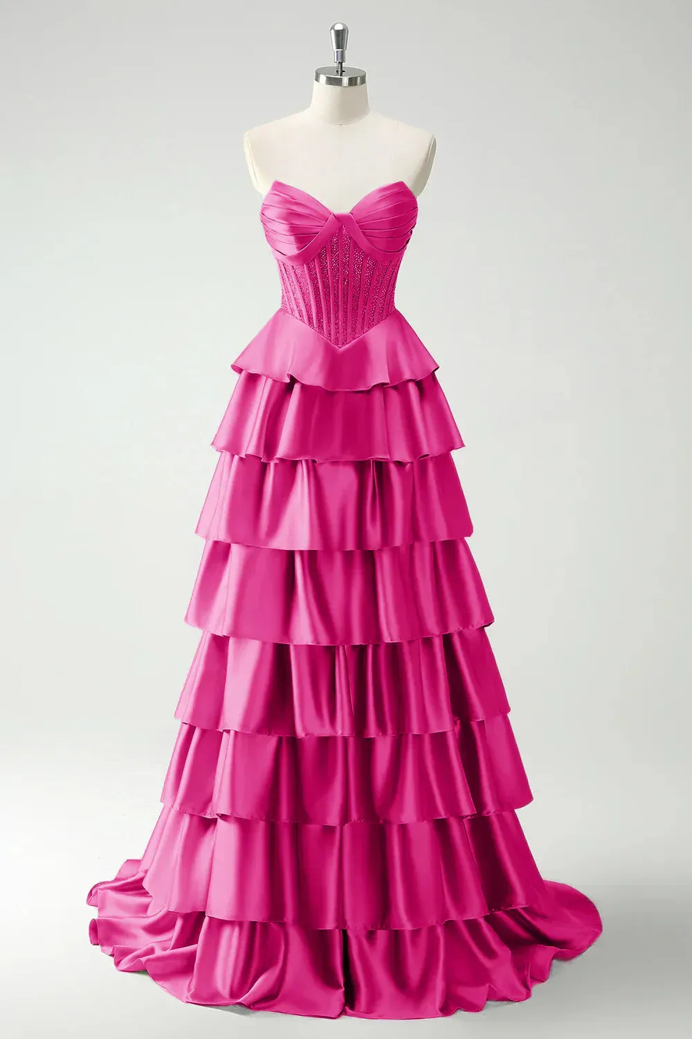 Fuchsia A-line strapless sweetheart neck satin simple long prom dress HZ1108