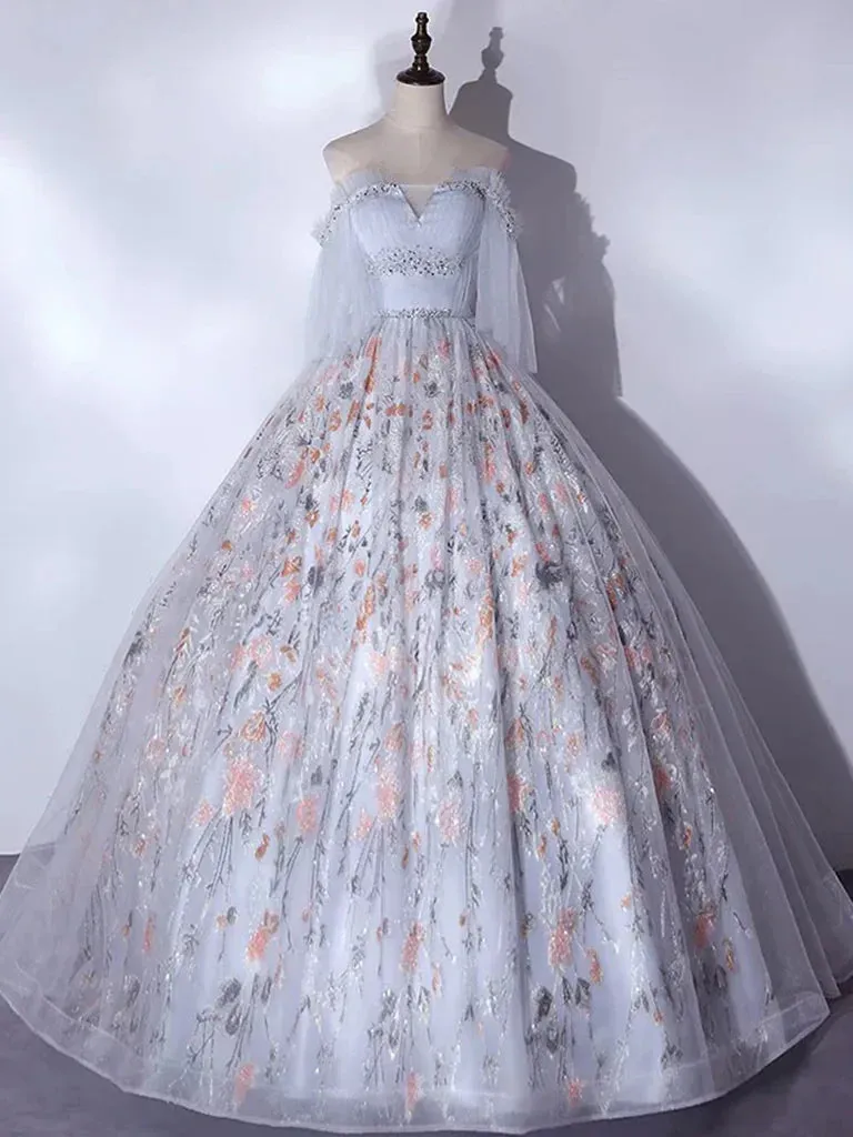 A-Line Tulle Sequin Lace Long Prom Dress, Lace Long Formal Dress HZ1108