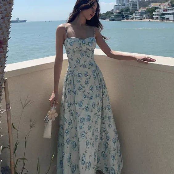 Teal Sweetheart Floral Slip Dress HZ1108