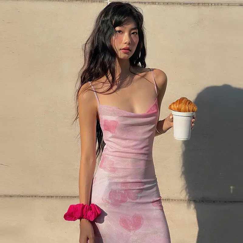 French Print Spaghetti Strap Mesh Backless Suspender Dress HZ1108