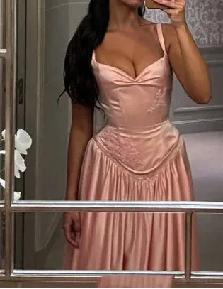 Elegant Spaghetti Straps A Line Prom Dress Satin Pink Long Bridesmaid Dresses HZ1108