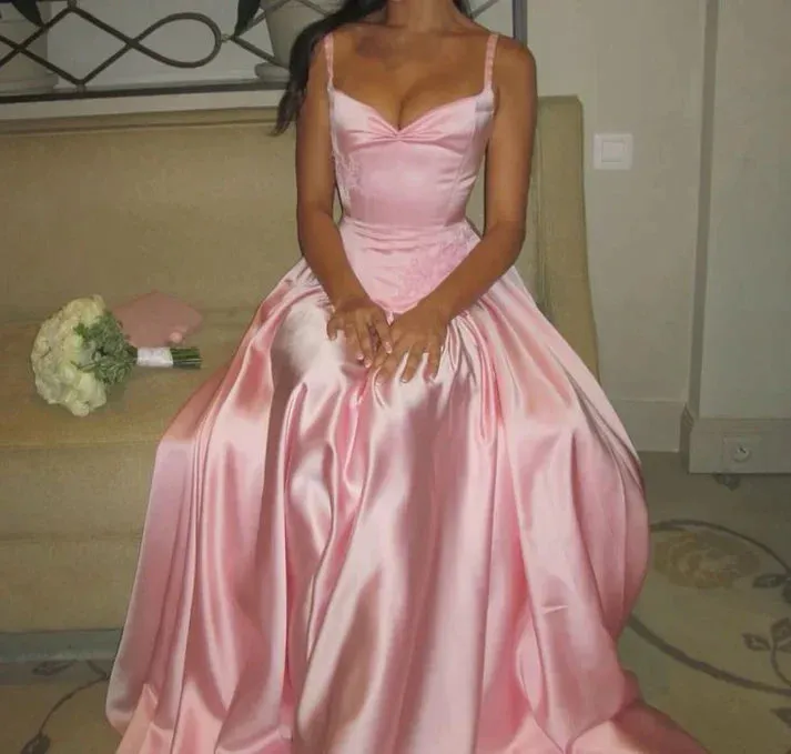 Elegant Spaghetti Straps A Line Prom Dress Satin Pink Long Bridesmaid Dresses HZ1108 - Image 2
