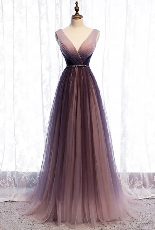 A-Line Deep V neck Pleated Purple Tulle Formal Prom Dress Flowing HZ1108