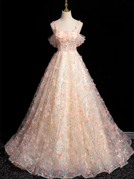 Pink A-line Spaghetti Straps Lace Tulle Flowers Sweetheart Long Prom Dress, Pink Off Shoulder Sweet 16 Dress HZ1108