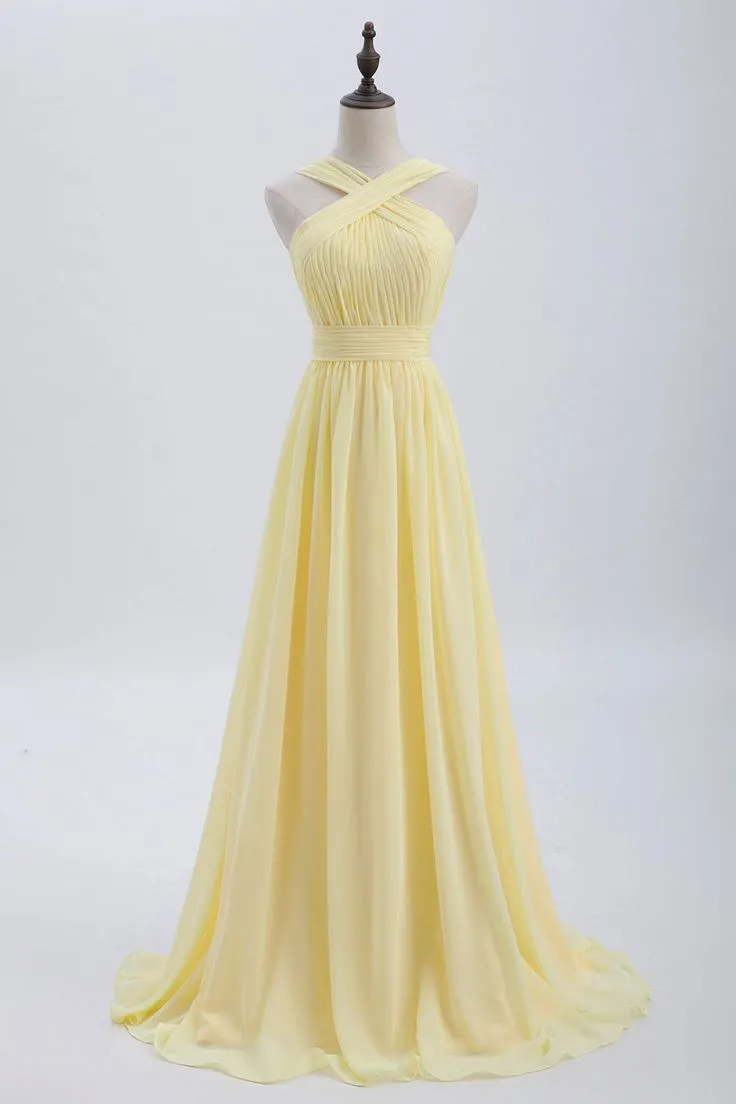 Cross Front Pale Yellow Pleated Chiffon Long Bridesmaid Dress Long Prom Dress HZ1108