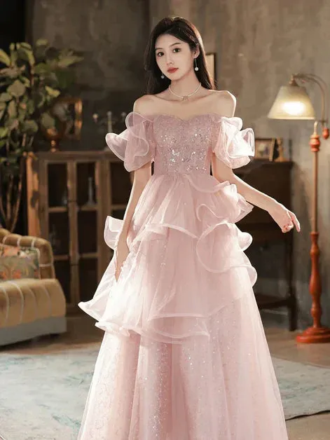 Pink A-line Off Shoulder Tulle Sequins Long Prom Dress, Pink Sweet 16 Dress HZ1108