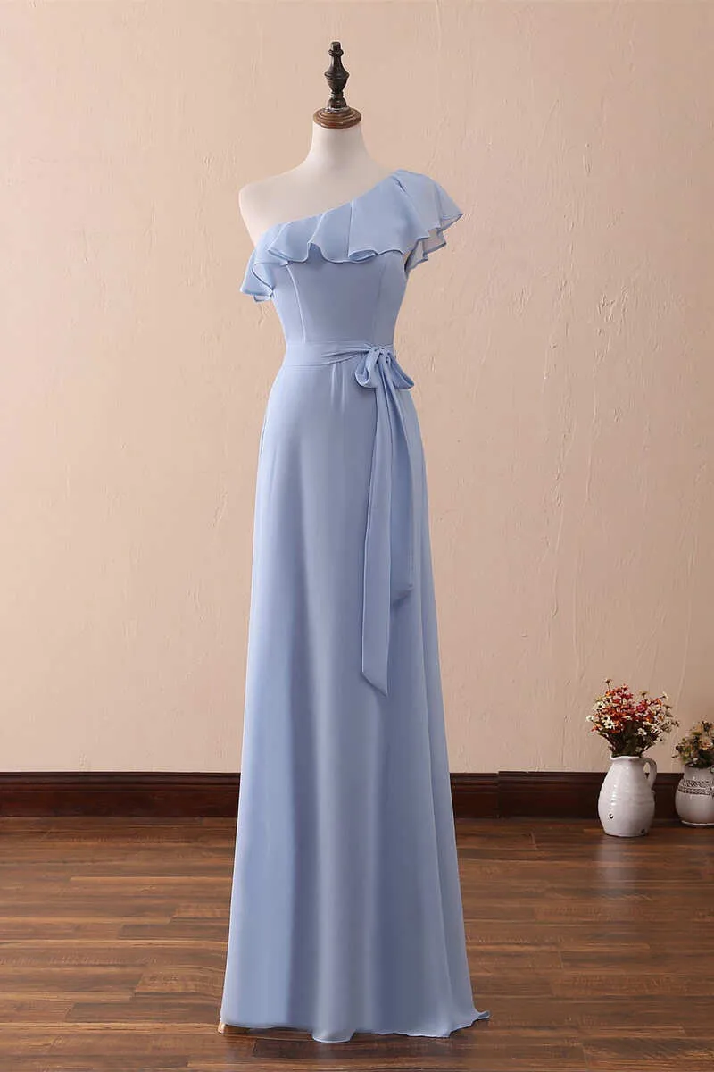 Periwinkle A-Line One-Shoulder Ruffled Chiffon Long Bridesmaid Dress Prom Dress HZ1108