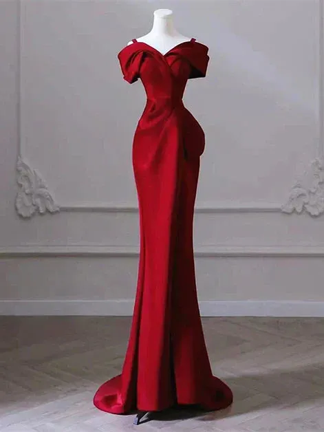 Burgundy Mermaid Off Shoulder Satin Long Prom Dress Dress, Simple Evening Dress HZ1108