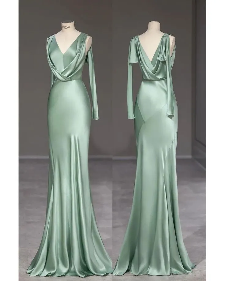 Sage Mermaid Satin V-neck Long Prom Dress Dress, Simple Evening Dress HZ1108