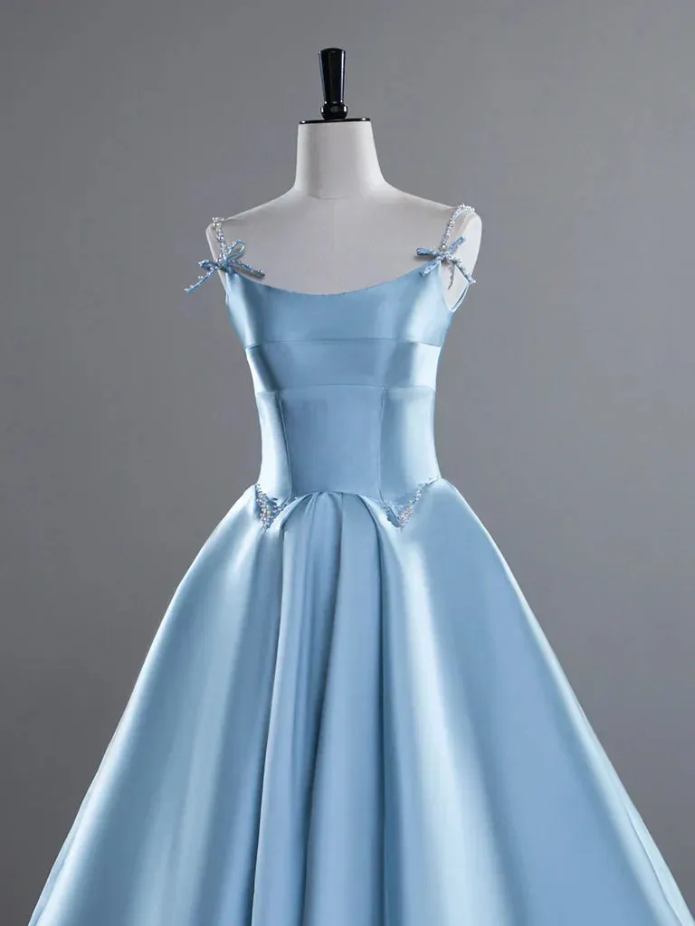 Blue A-Line Spaghetti Straps Satin Long Prom Dress, Blue Long Evening Dress HZ1108 - Image 2
