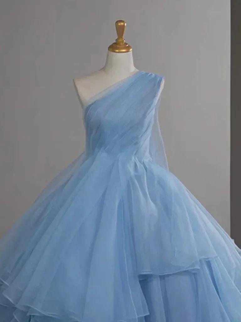 A-Line One Shoulder Tulle Blue Long Prom Dress, Blue Long Evening Dress HZ1108 - Image 2