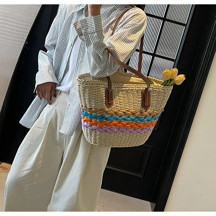 Rainbow striped straw bag beach seaside holiday large capacity handbag HZ1108