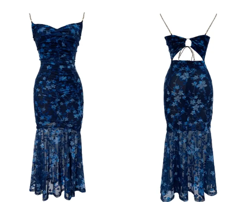French holiday floral sling dress blue mesh mermaid dress HZ1108 - Image 6