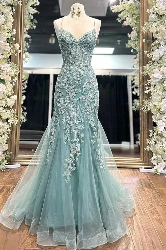 Tiffany Blue Spaghetti Straps Lace Appliques Mermaid V-Neck Tulle Long Prom Dress HZ1108