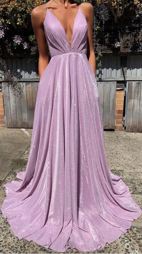 Sparkly A-Line Pink Sequin Prom Dresses V Neck Evening Dress HZ1108