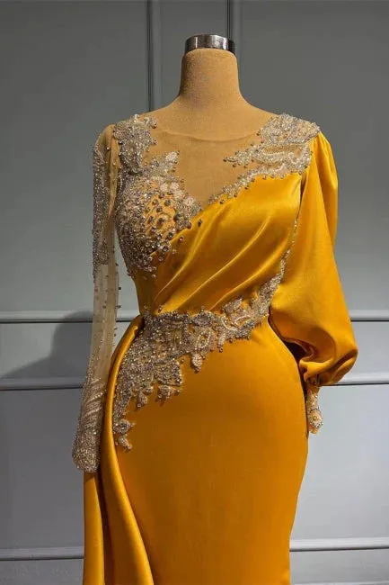 Vintage Jewel Asymmetric Satin Beading Long Sleeves Evening Prom Dresses with Appliques HZ1108 - Image 2