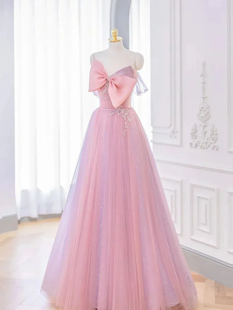 Lovely A-line Pink Tulle Long Prom Dress with Bow, Pink Formal Dresses HZ1108