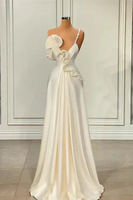 Fabulous A-line One Shoulder White Satin Evening Prom Dress with Ruffles HZ1108