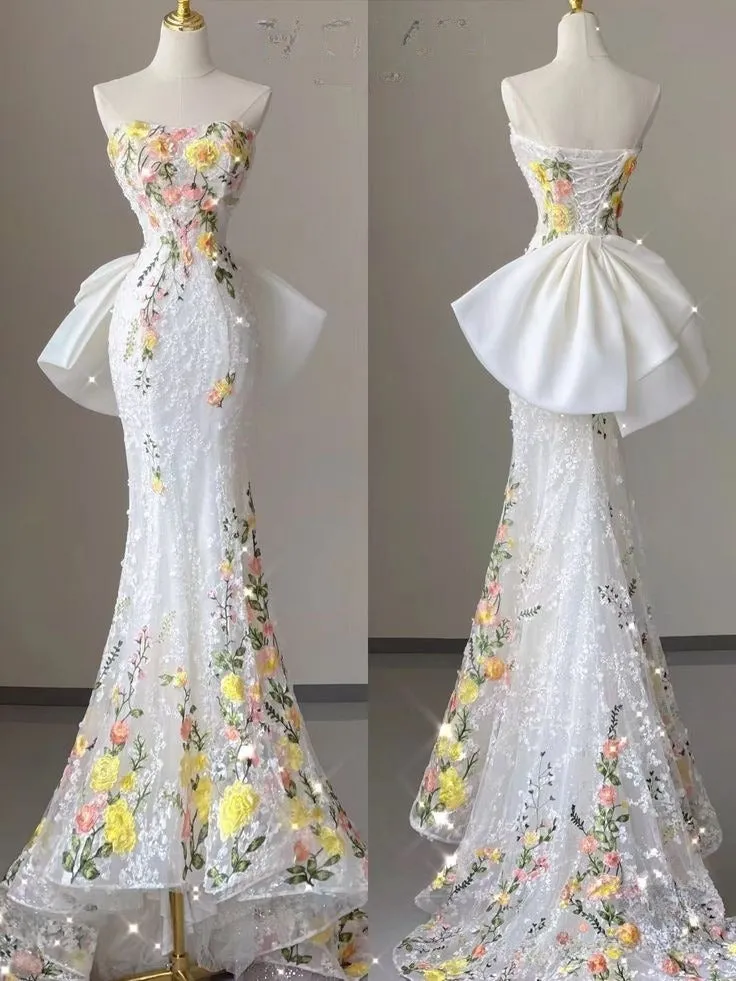 White Wedding Dress Elegant Mermaid Strapless Tulle Lace Long Prom Dress Applique Evening Dress HZ1108