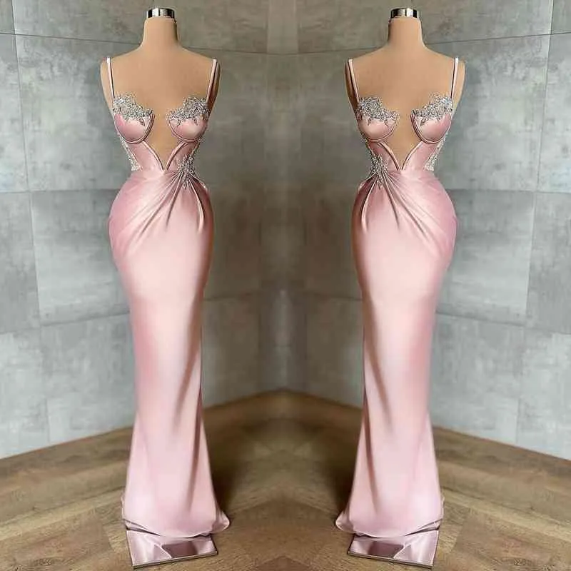 Pink Spaghetti-Straps Mermaid Satin Prom Dress Sleeveless With Appliques HZ1108