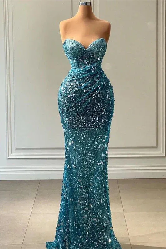 Stunning Sweetheart Blue Mermaid Prom Dress Long With Sequins Beads HZ1108