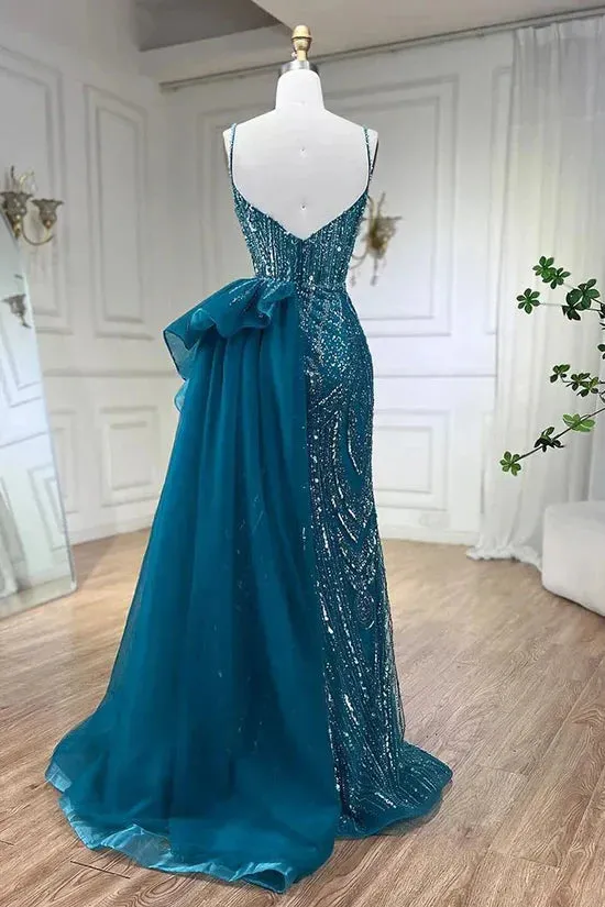 Sky Blue Elegant Mermaid Spaghetti Strap Tulle Beading Long Prom Dress HZ1108 - Image 4