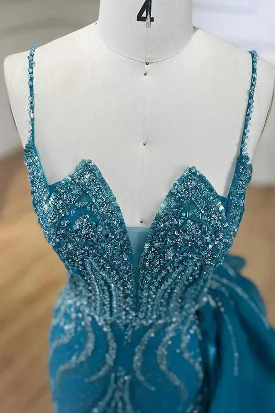 Sky Blue Elegant Mermaid Spaghetti Strap Tulle Beading Long Prom Dress HZ1108 - Image 6