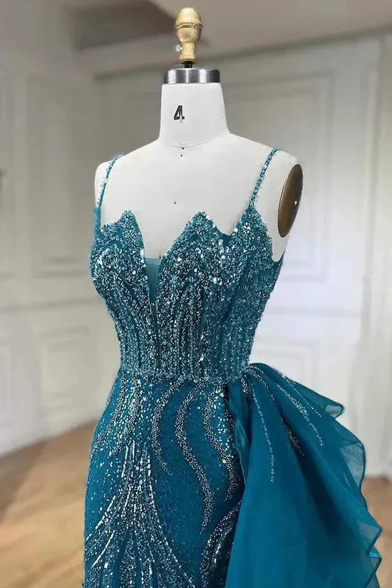 Sky Blue Elegant Mermaid Spaghetti Strap Tulle Beading Long Prom Dress HZ1108 - Image 2