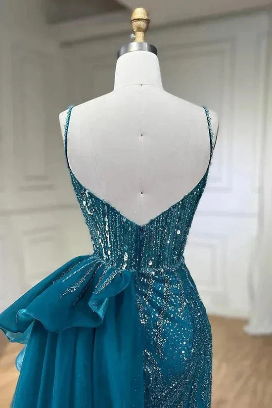 Sky Blue Elegant Mermaid Spaghetti Strap Tulle Beading Long Prom Dress HZ1108 - Image 5