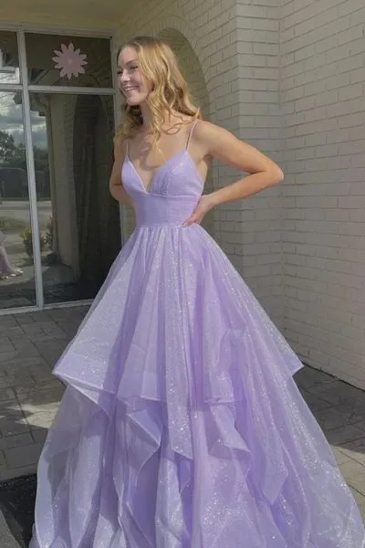 Purple Elegant A-line V-neck Spaghetti Strap Tulle Long Prom Dress HZ1108