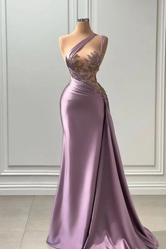 Mermaid Sleeveless Asymmetric Satin Long Prom Dress with Pleated Beadings HZ1108