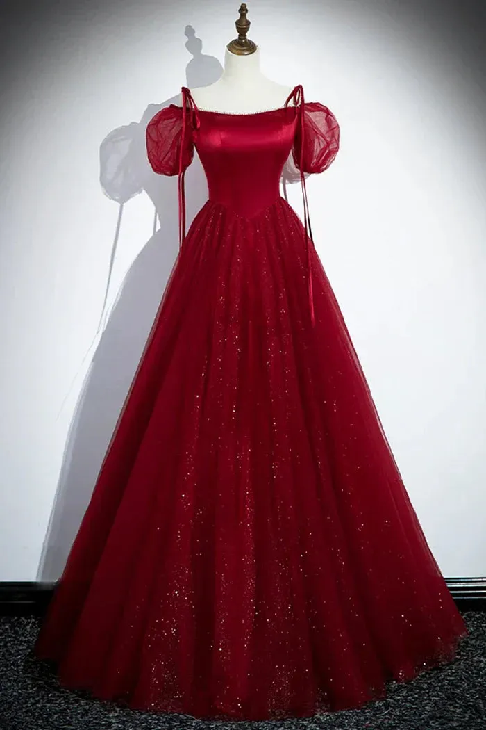 Burgundy A-Line Satin Tulle Floor Length Prom Dress, Off Shoulder Formal Evening Dress HZ1108