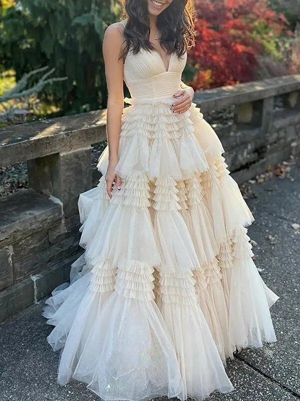 Champagne A-Line Spaghetti Straps Long Tiered Tulle Prom Dress With Split HZ1108