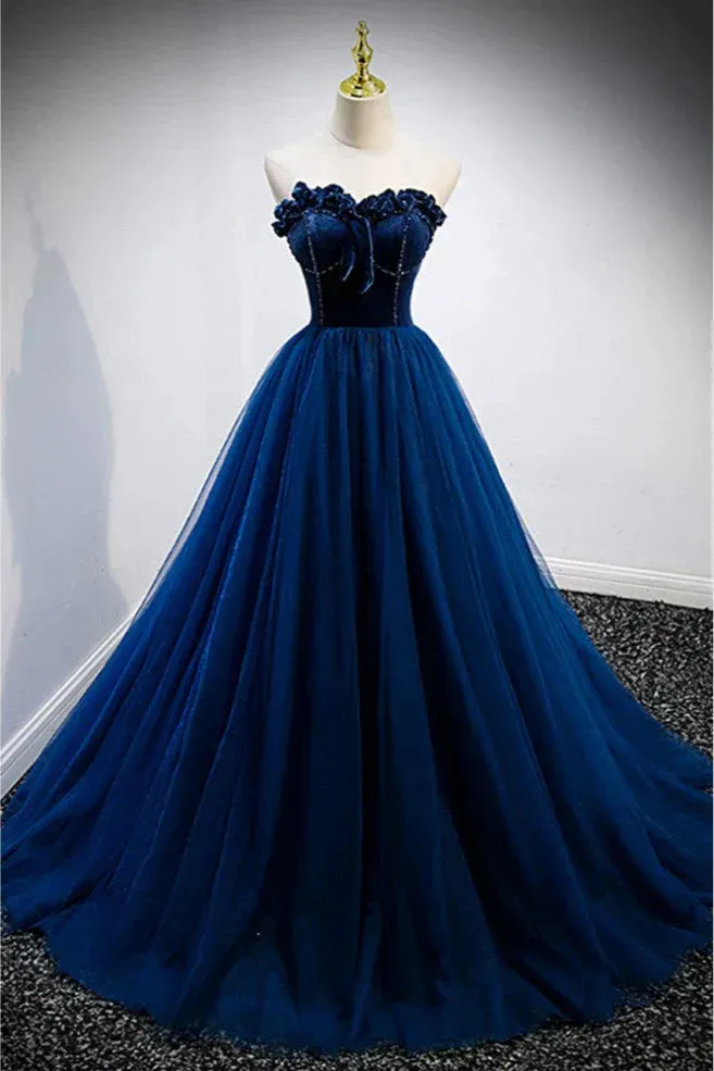 Elegant A-line Strapless Blue Velvet And Tulle Long Prom Dress HZ1108