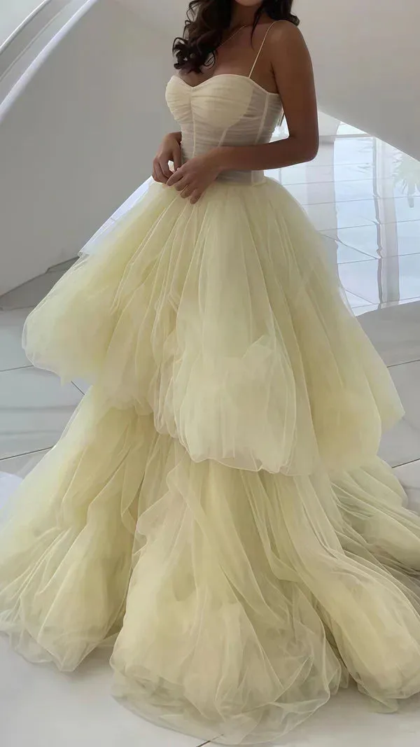 Light Yellow A-Line Tulle Prom Dress, Spaghetti Straps Evening Dress HZ1108