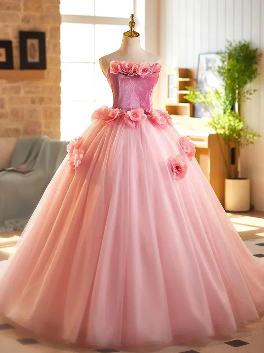 Pink A-Line Strapless Velvet Tulle Long Prom Dress, Sweet 16 Princess Dress HZ1108