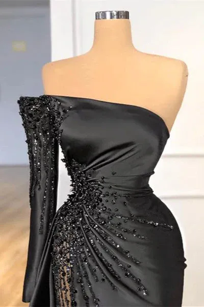 Black Mermaid One Shoulder Satin Long Prom Dress Beadings Evening Dress HZ1108 - Image 2