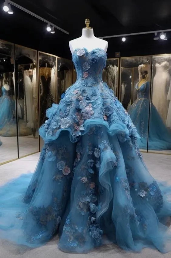 Sweetheart A-line Tulle 3D Appliqu��| Long Prom Dress, Vintage Evening Gown HZ1108