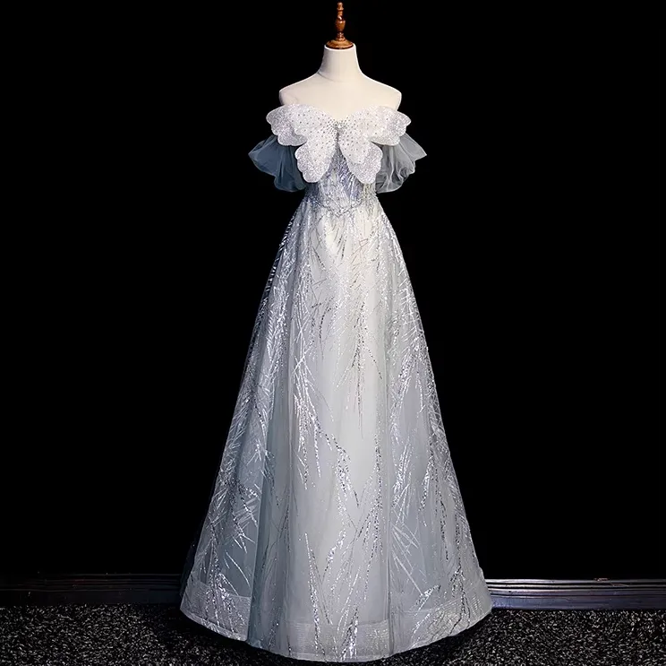 Silver Grey A-Line Tulle Sequin Long Prom Dress,Sweet Off-shoulder Evening Dress HZ1108