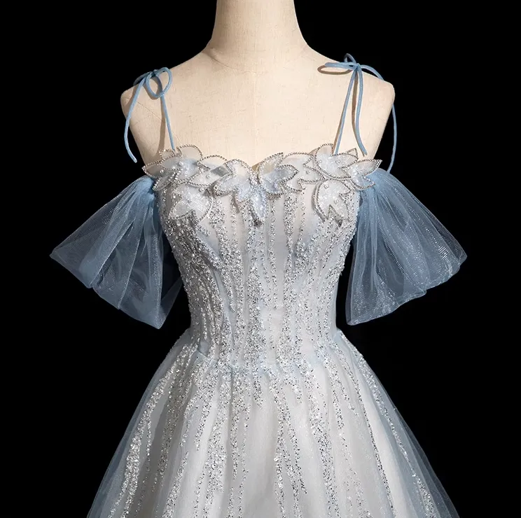 A-line Spaghetti Straps Tulle Sequins Long Prom Dress, Sweet Beaded Evening Dress HZ1108 - Image 3