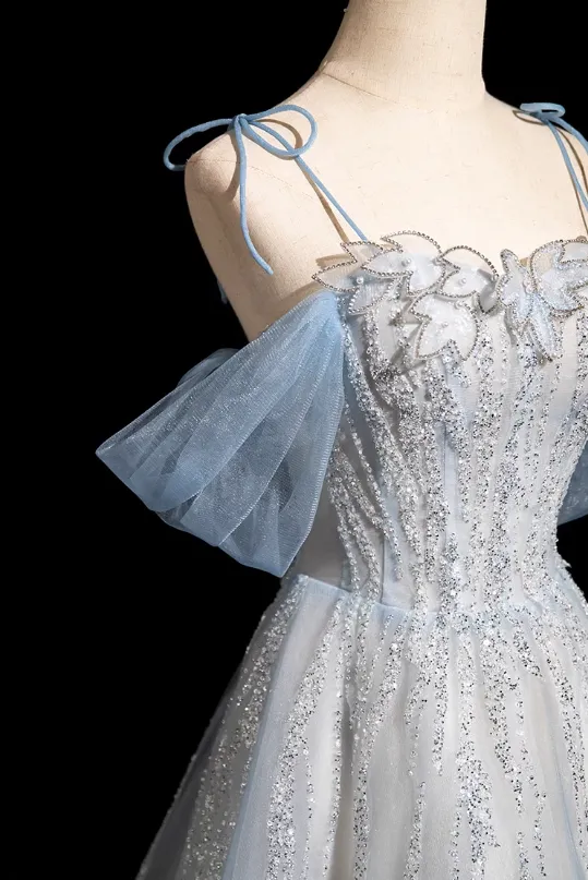 A-line Spaghetti Straps Tulle Sequins Long Prom Dress, Sweet Beaded Evening Dress HZ1108 - Image 4