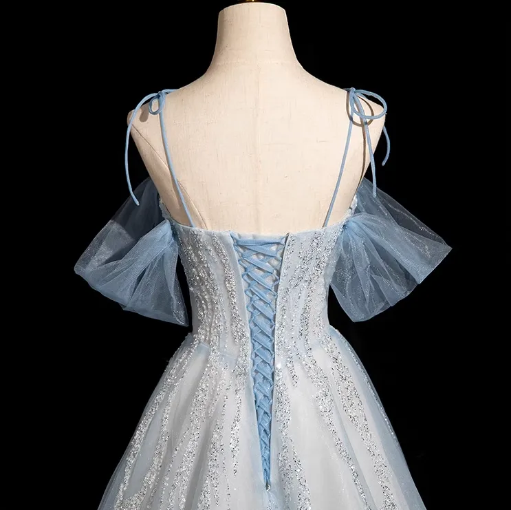 A-line Spaghetti Straps Tulle Sequins Long Prom Dress, Sweet Beaded Evening Dress HZ1108 - Image 6