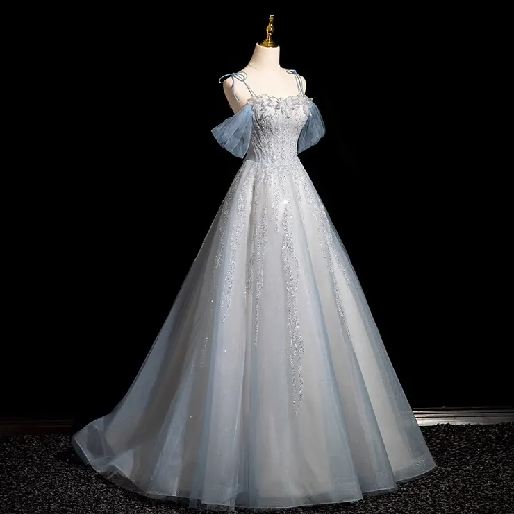 A-line Spaghetti Straps Tulle Sequins Long Prom Dress, Sweet Beaded Evening Dress HZ1108 - Image 5