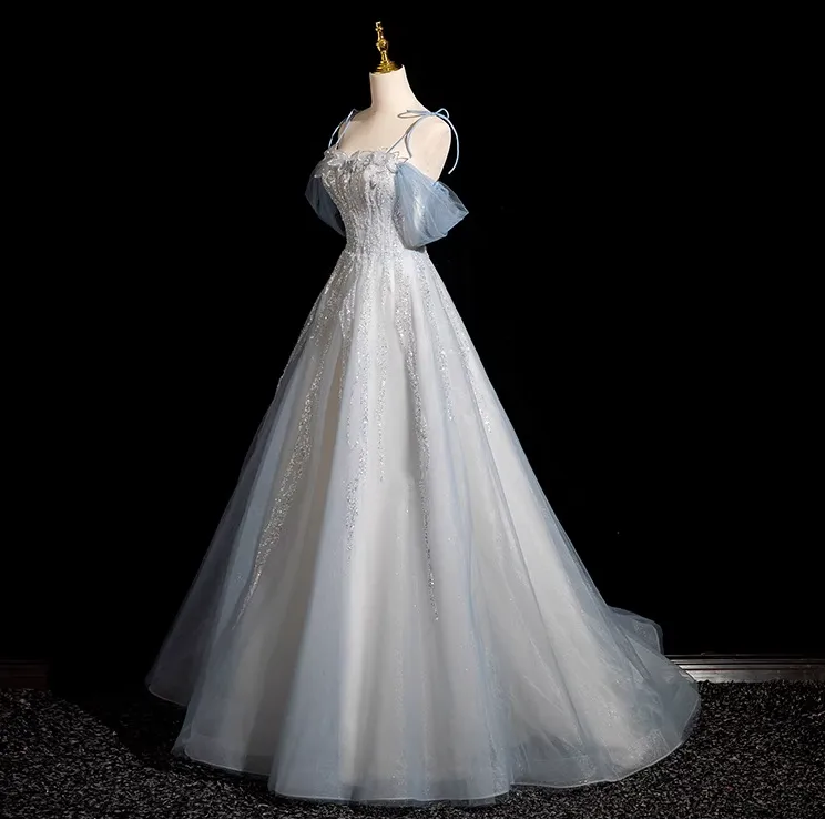 A-line Spaghetti Straps Tulle Sequins Long Prom Dress, Sweet Beaded Evening Dress HZ1108 - Image 2